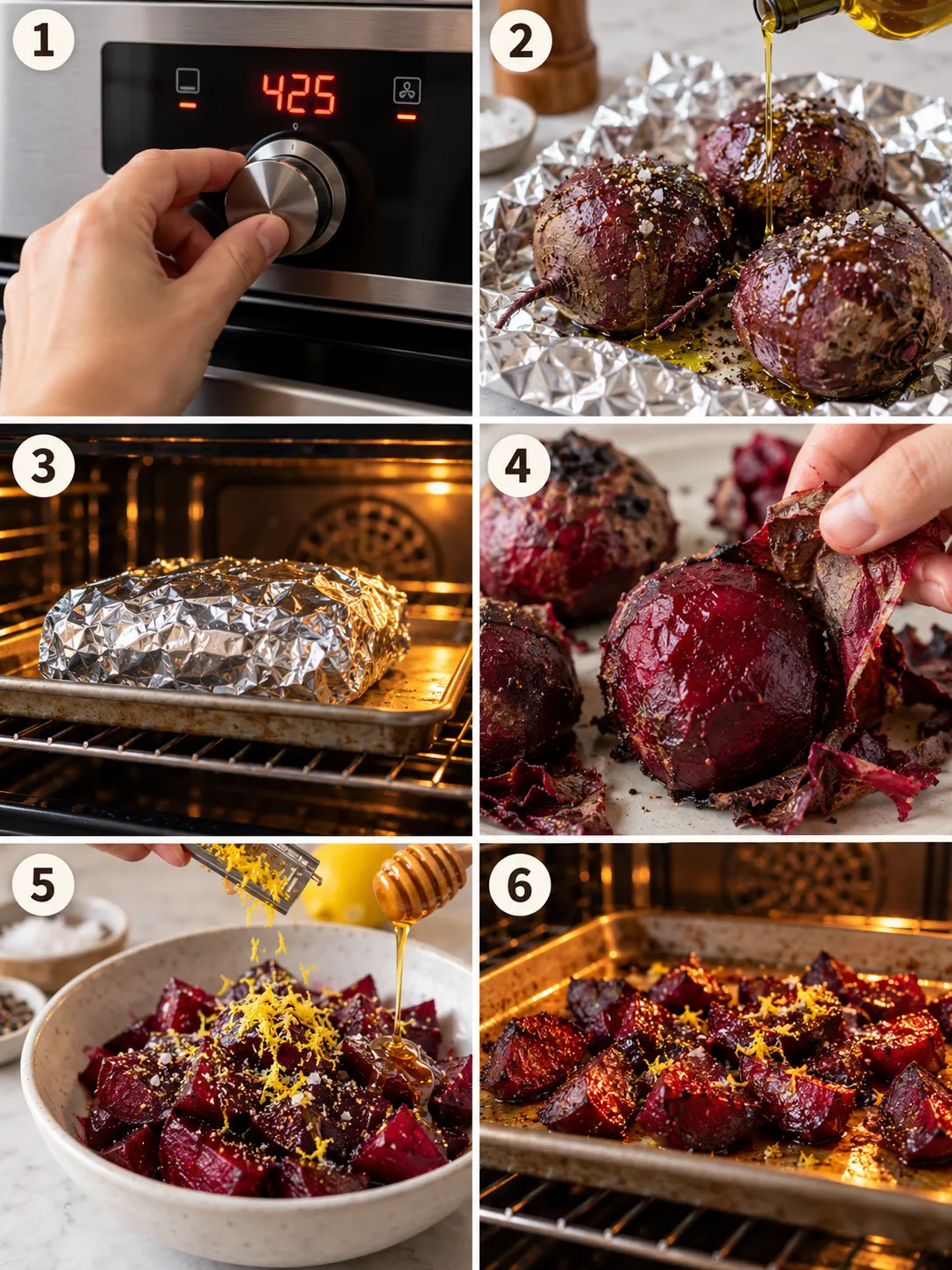 A vertical collage of 6 panels, each showing a step in the roasted beets recipe, from preheating the oven to seasoning and serving