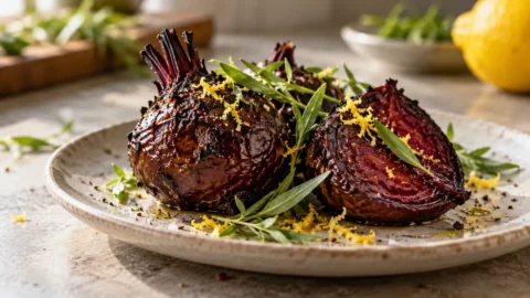 A dish of roasted beets, garnished with fresh tarragon and lemon zest, on a light wood kitchen table