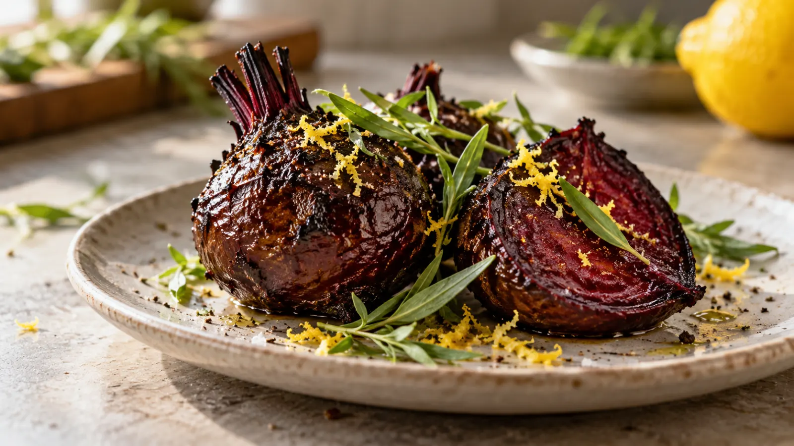 A dish of roasted beets, garnished with fresh tarragon and lemon zest, on a light wood kitchen table