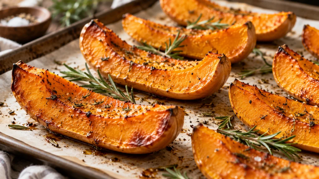 A roasted butternut squash with a caramelized golden-brown color, arranged in a single layer on a light-colored surface with fresh rosemary sprigs