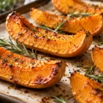 A roasted butternut squash with a caramelized golden-brown color, arranged in a single layer on a light-colored surface with fresh rosemary sprigs