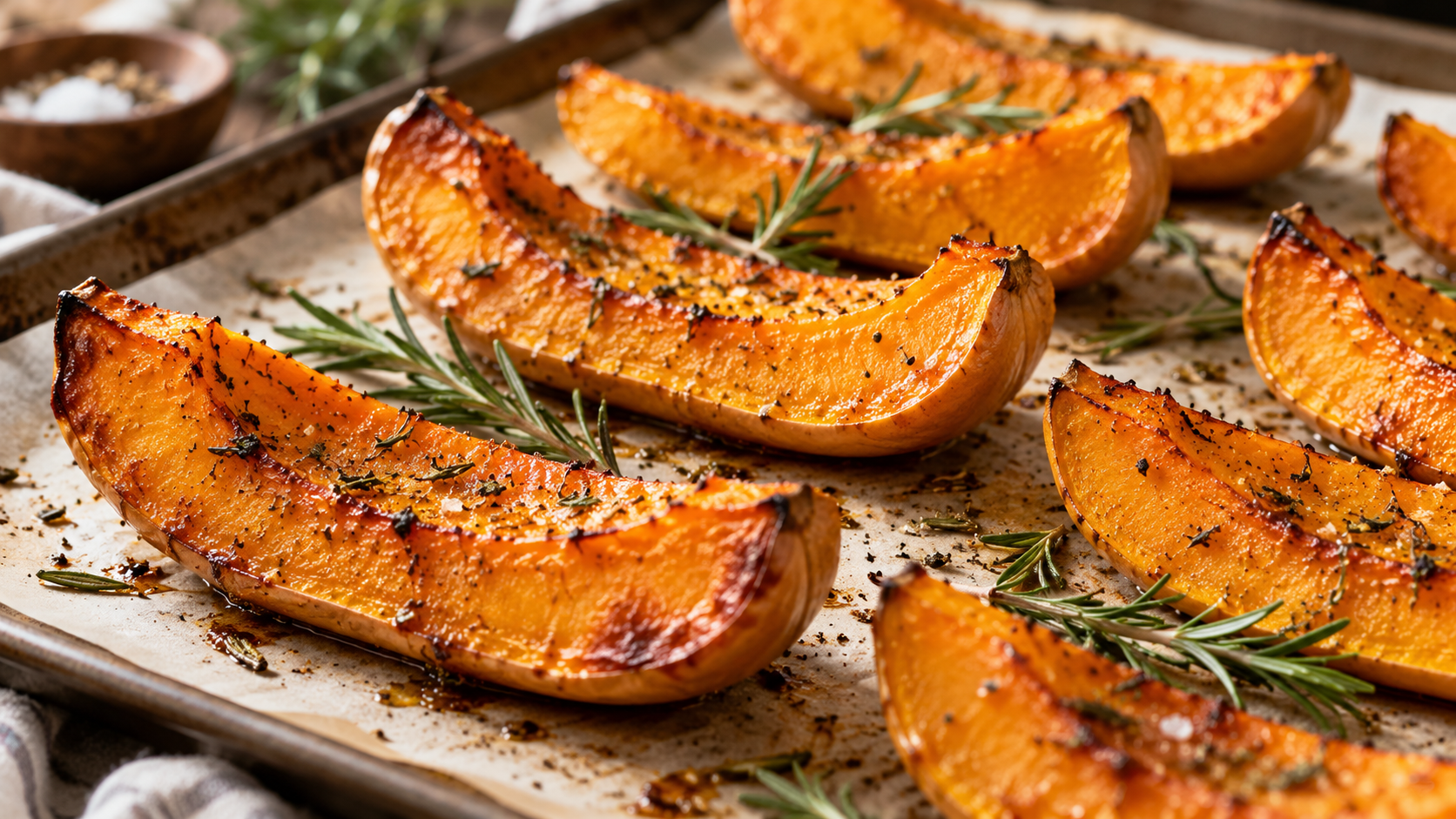 A roasted butternut squash with a caramelized golden-brown color, arranged in a single layer on a light-colored surface with fresh rosemary sprigs