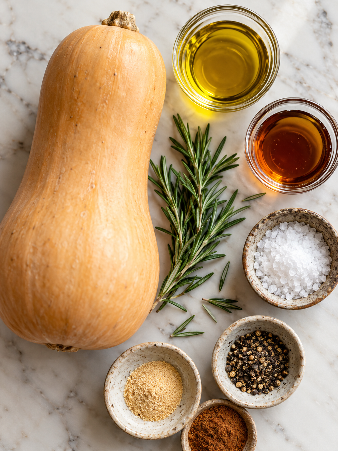 A flat-lay arrangement of ingredients for roasted butternut squash, including a large butternut squash, olive oil, maple syrup, rosemary, and spices