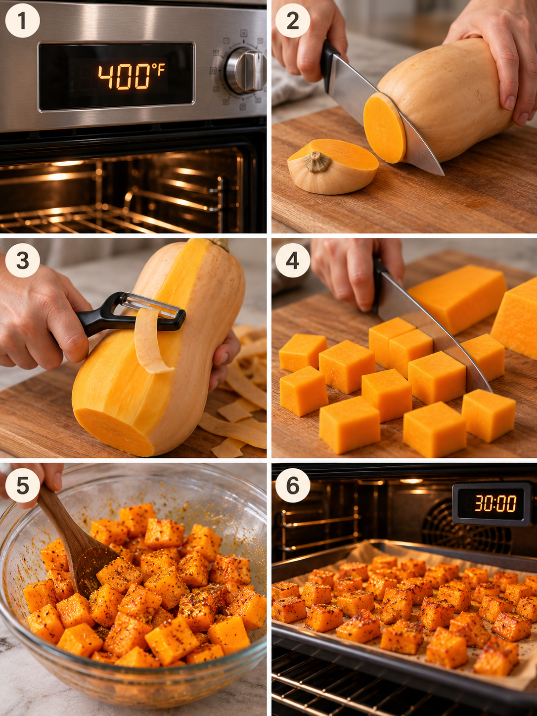 A step-by-step cooking instructions collage for roasted butternut squash, showcasing 6 key steps in the recipe