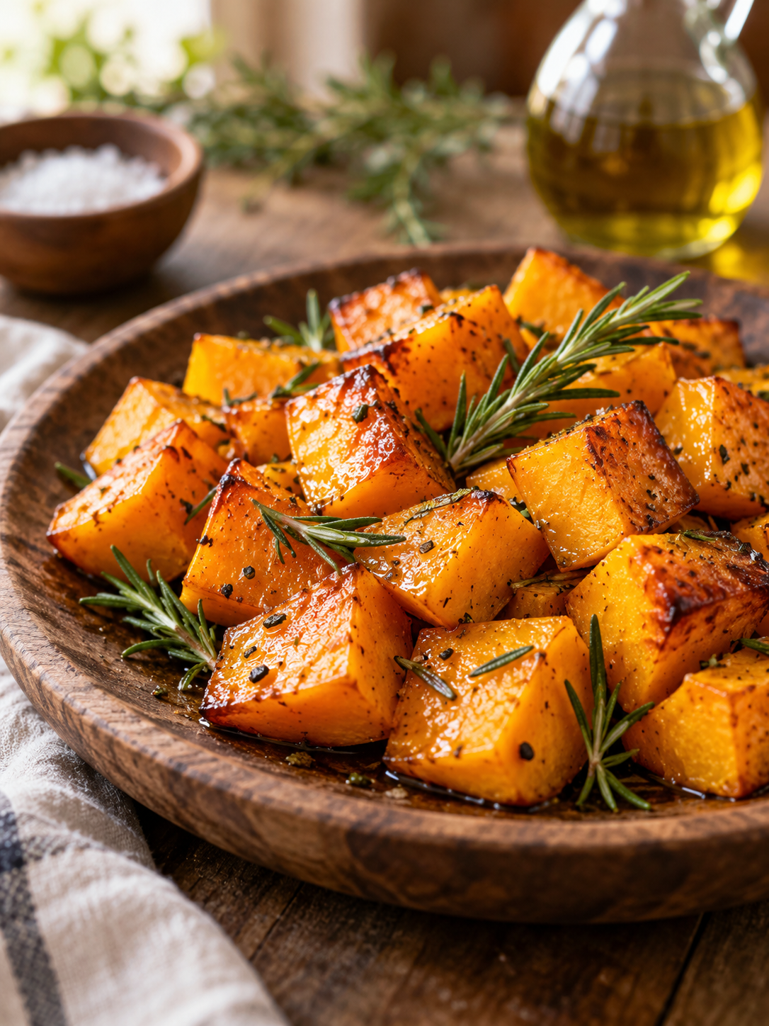 A serving presentation of roasted butternut squash, arranged in a single layer on a rustic wooden plate with fresh rosemary sprigs and a drizzle of olive oil
