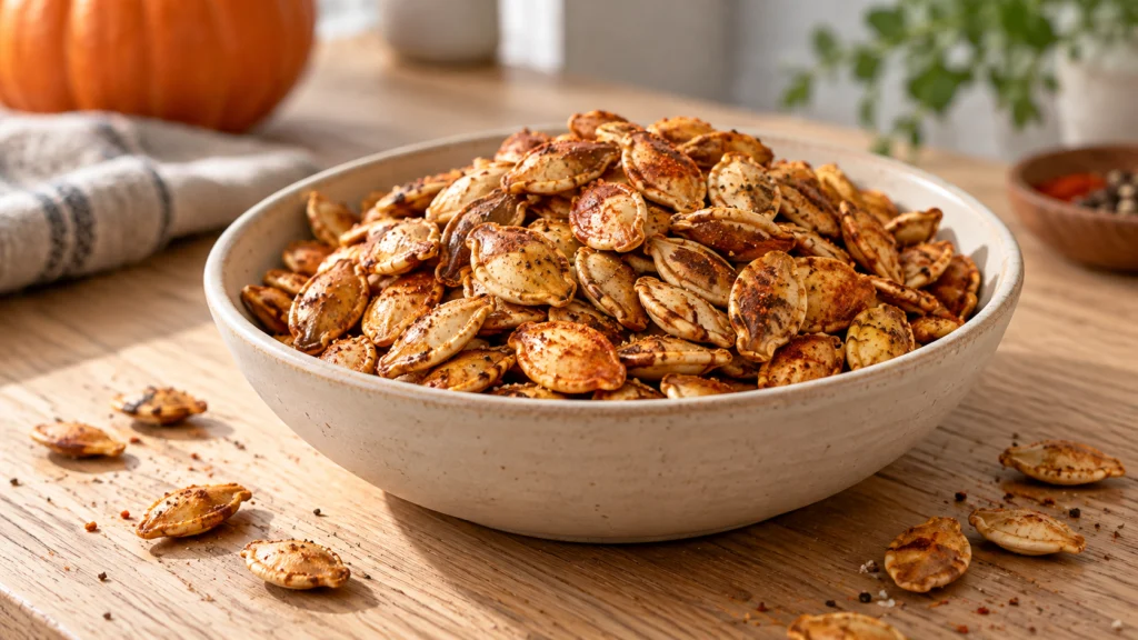 A close-up shot of golden-brown roasted pumpkin seeds seasoned with paprika and garlic powder in a shallow ceramic bowl on a light-colored wood surface.