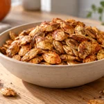 A close-up shot of golden-brown roasted pumpkin seeds seasoned with paprika and garlic powder in a shallow ceramic bowl on a light-colored wood surface.