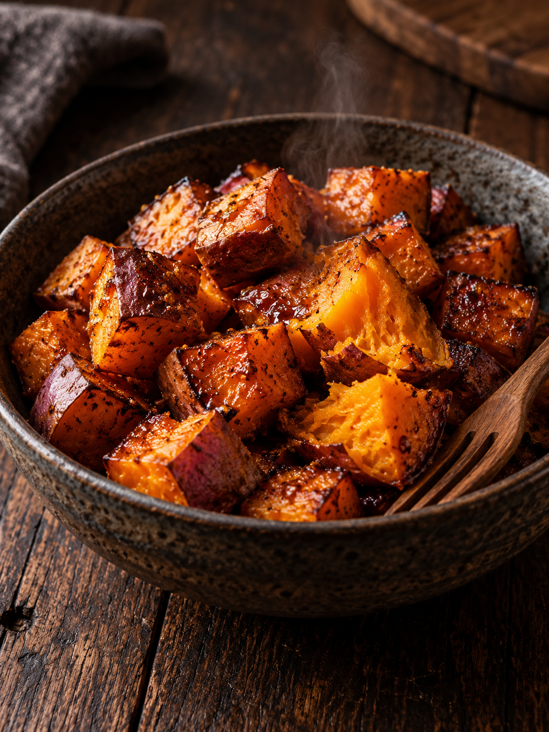 A close-up of finished sweet potato bites in a rustic stoneware bowl on a wooden table.