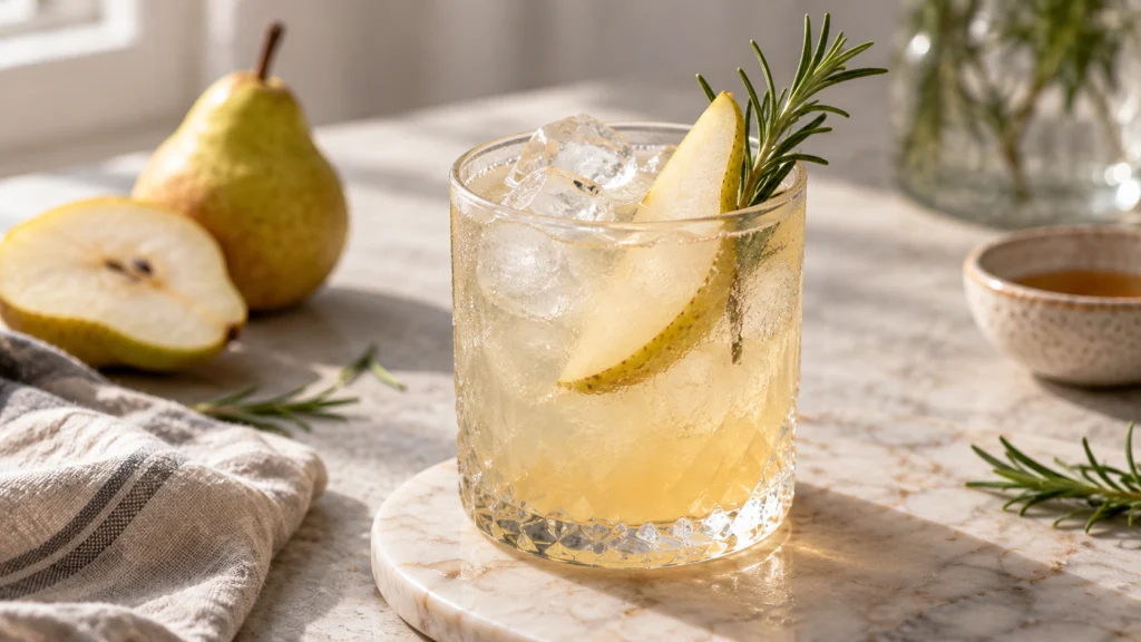 A beautifully styled, plated serving of homemade Rosemary Pear Mocktail with Citrus and Sparkling Water ready to enjoy