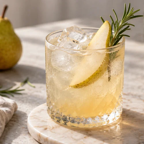 A beautifully styled, plated serving of homemade Rosemary Pear Mocktail with Citrus and Sparkling Water ready to enjoy