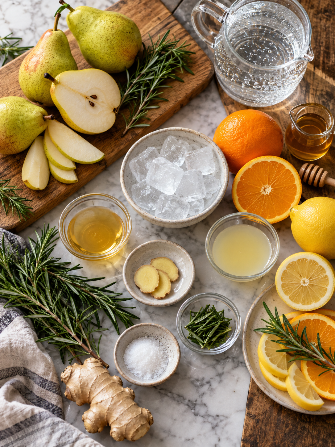 Overhead flat-lay layout of raw, measured ingredients for Rosemary Pear Mocktail with Citrus and Sparkling Water in glass pinch bowls