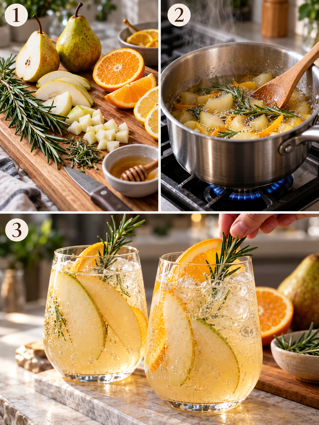 Step-by-step cooking process and preparation steps for making Rosemary Pear Mocktail with Citrus and Sparkling Water
