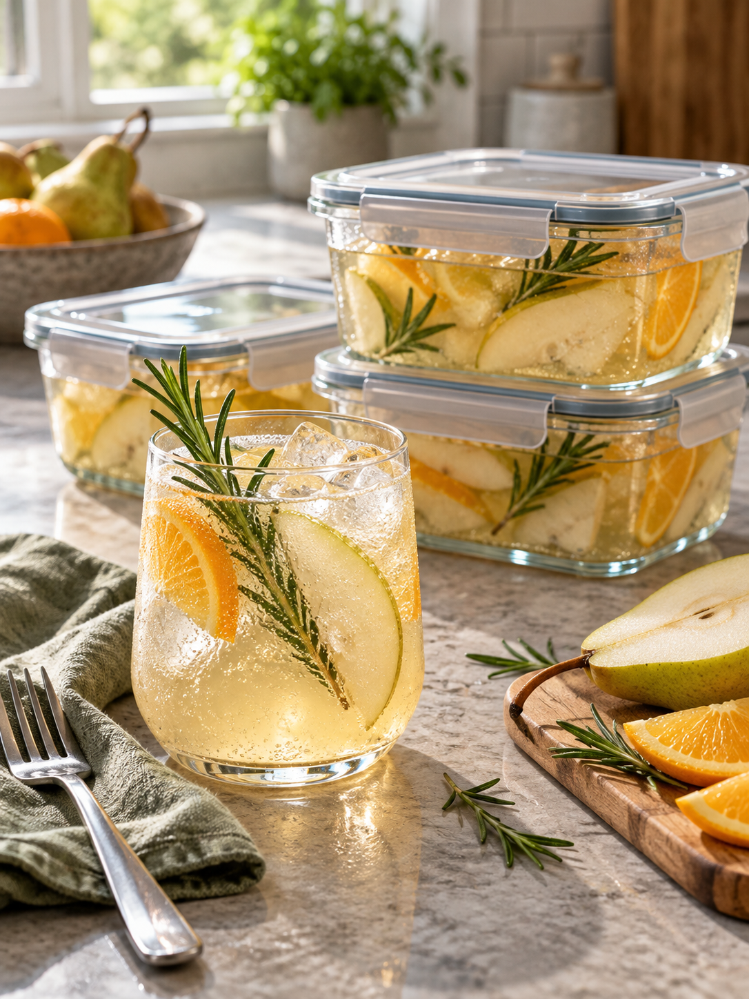 Plated serving of Rosemary Pear Mocktail with Citrus and Sparkling Water alongside airtight glass storage meal prep containers