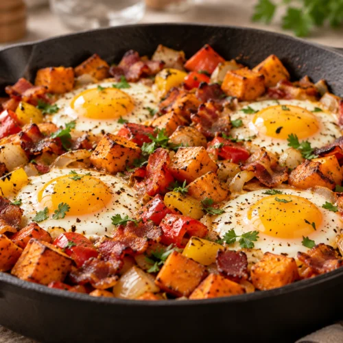 A wide editorial shot of a cast-iron skillet containing browned sweet potato cubes, vibrant bell peppers, crispy turkey bacon, and four fried eggs.