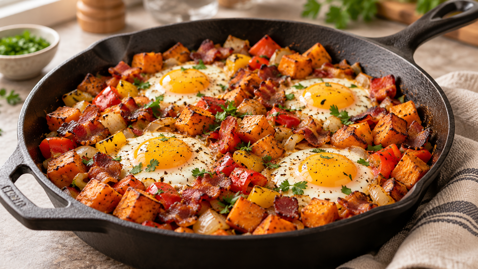 A wide editorial shot of a cast-iron skillet containing browned sweet potato cubes, vibrant bell peppers, crispy turkey bacon, and four fried eggs.