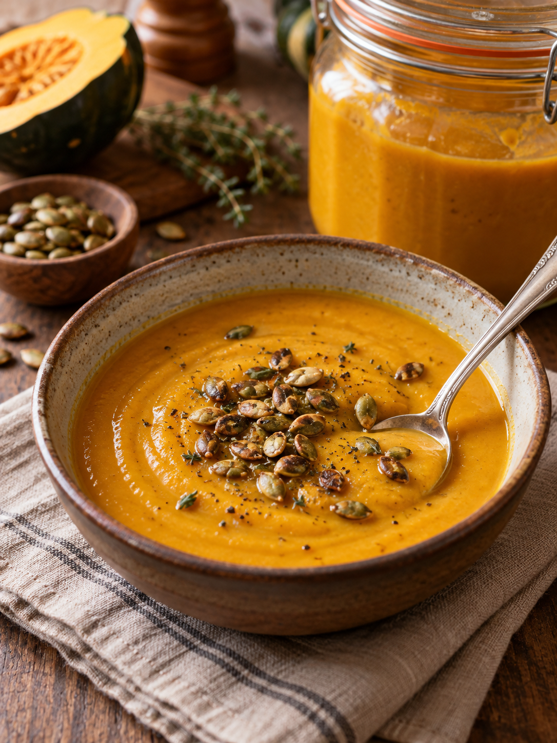 A steaming bowl of squash soup with a spoon, next to a glass jar filled with leftovers for storage.
