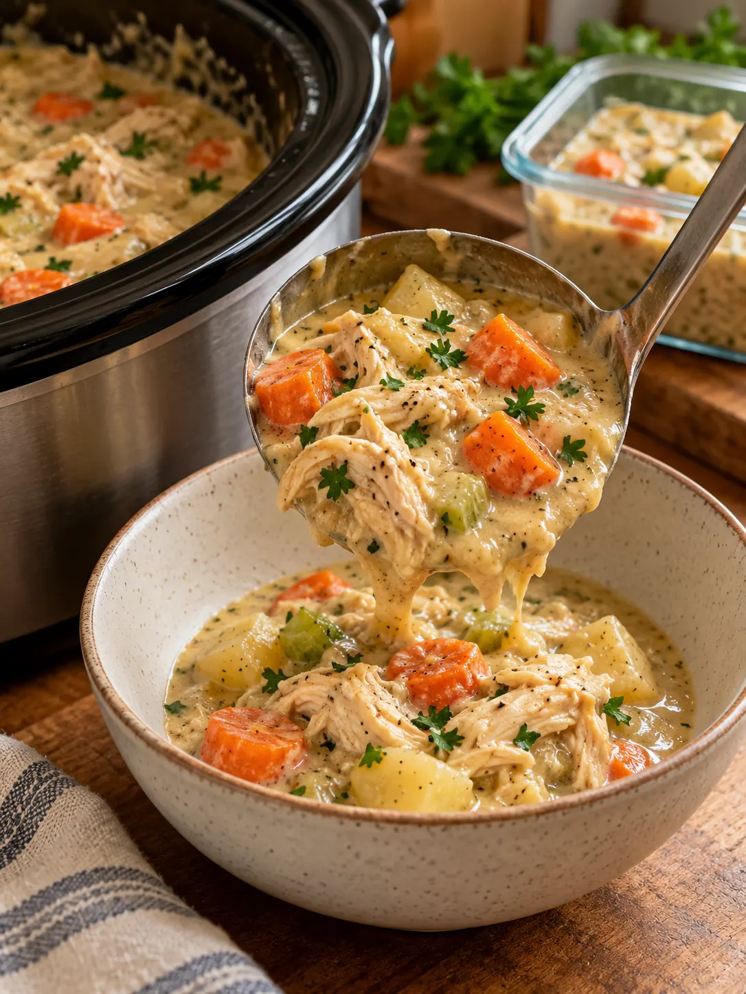 A ladle lifting a serving of thick chicken stew with visible carrots and potatoes, showing the creamy consistency.