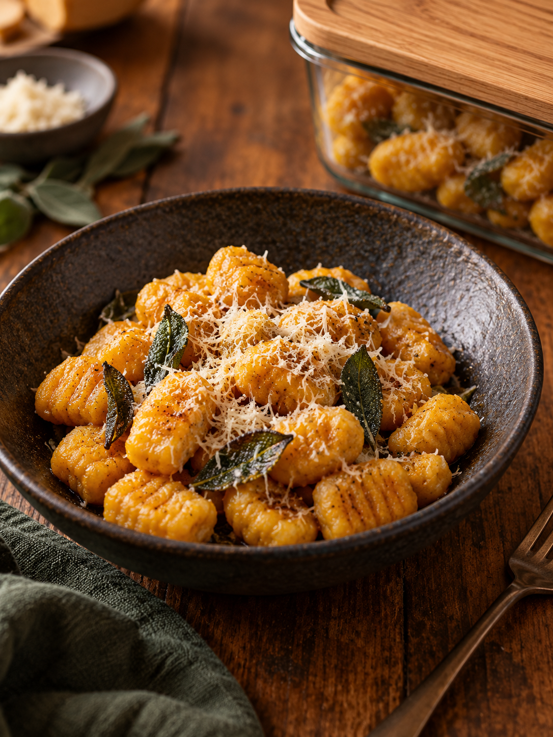 A close-up of a serving of pumpkin gnocchi in a bowl next to a glass meal prep container on a wooden table.