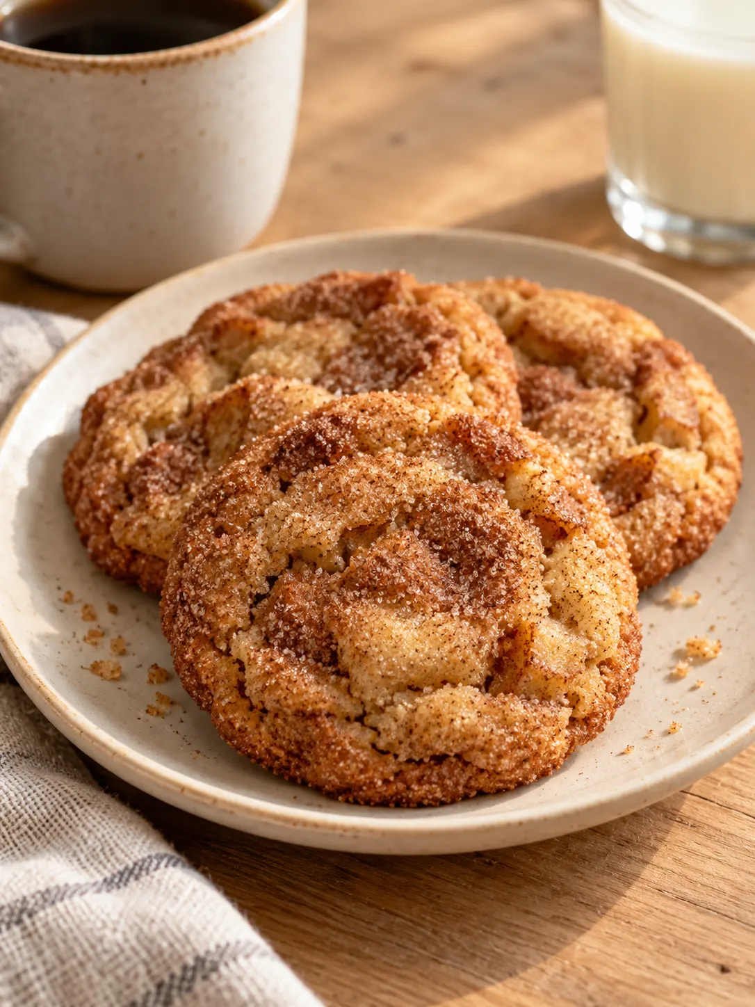 Two apple cider cookies on a small, cream-colored ceramic plate, ready for serving. A blurred coffee cup is in the background.
