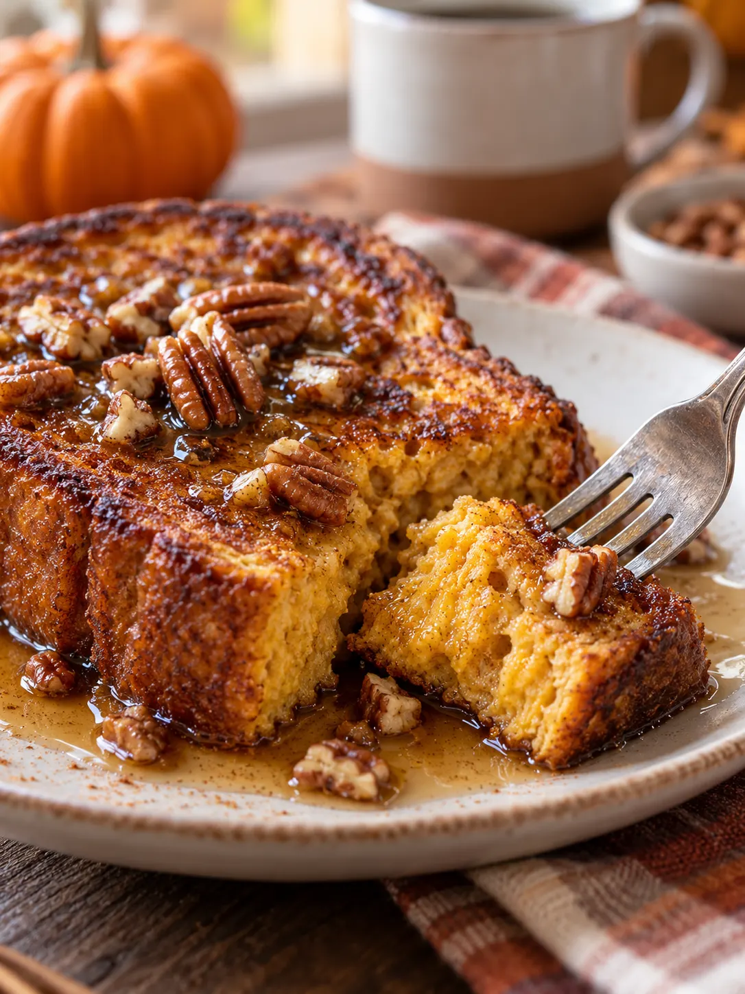 A close-up shot of a fork cutting into a slice of pumpkin French toast, showing the soft custard center.