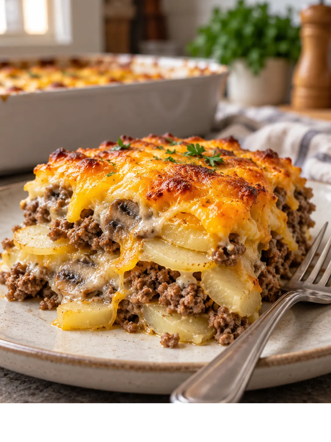 A close-up of a square portion of casserole on a plate, showing the layers of sliced potatoes and ground beef.