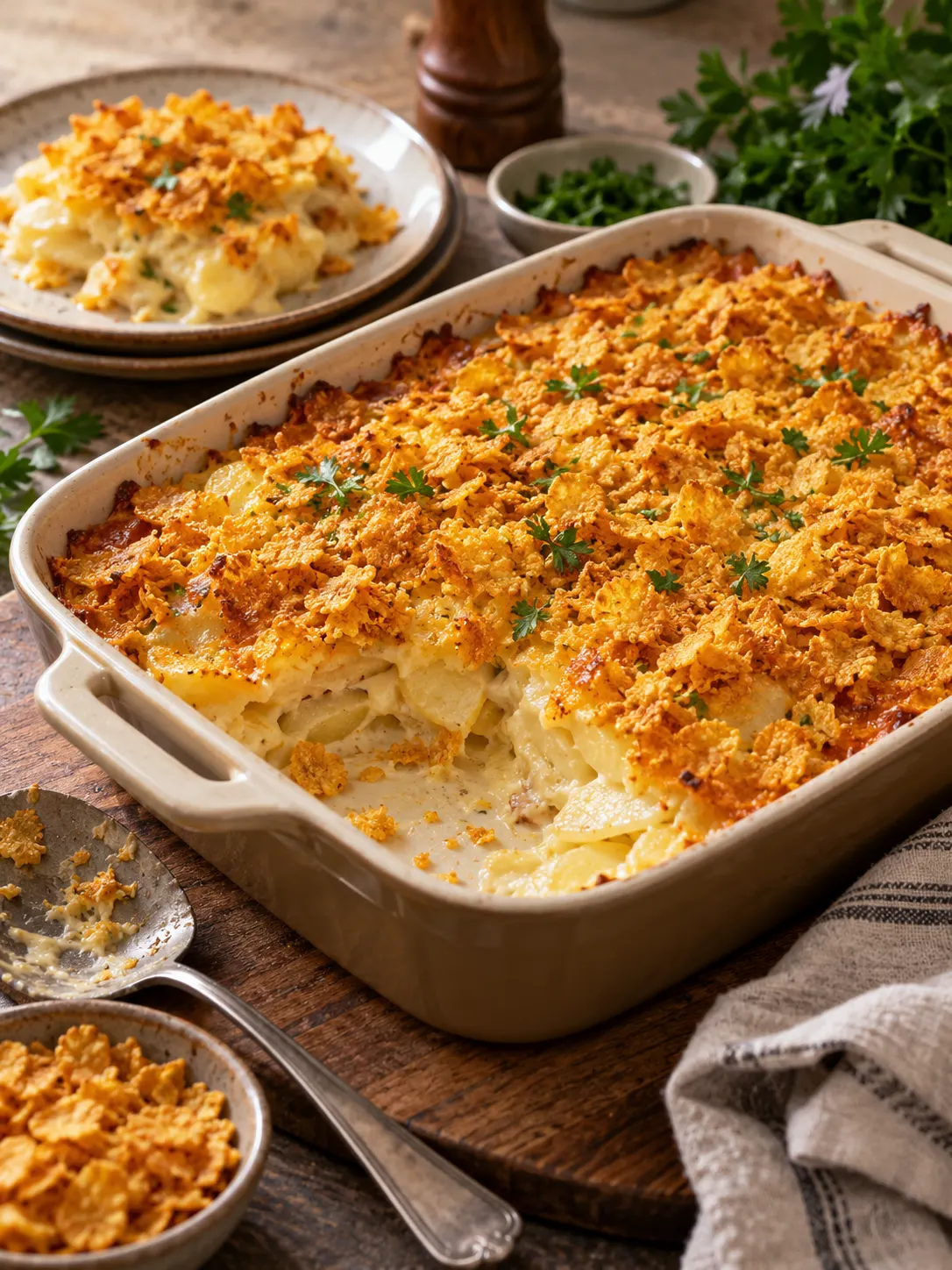 A serving of potato casserole with corn flakes, served on a neutral-toned ceramic plate with a few serving utensils and garnishes