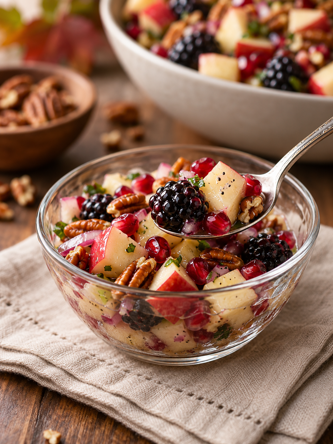 A close-up shot of a single serving of fruit salad in a glass bowl with a spoon, showing the glistening cinnamon dressing.