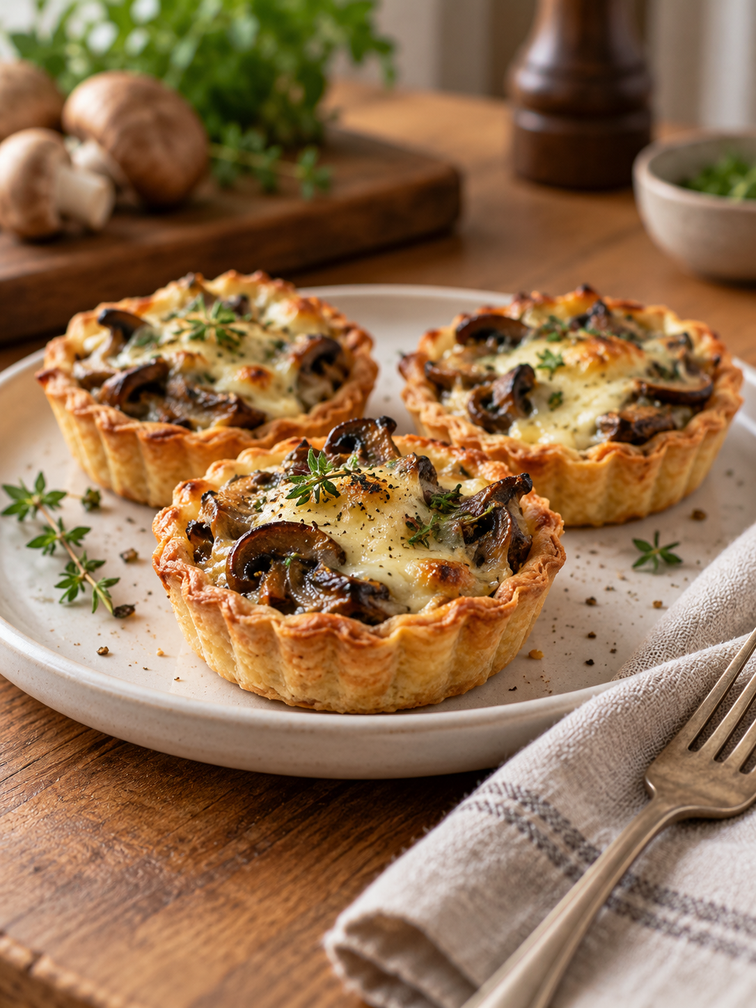 A close-up shot of three mushroom tartlets on a white plate, highlighting their crisp texture and creamy filling.