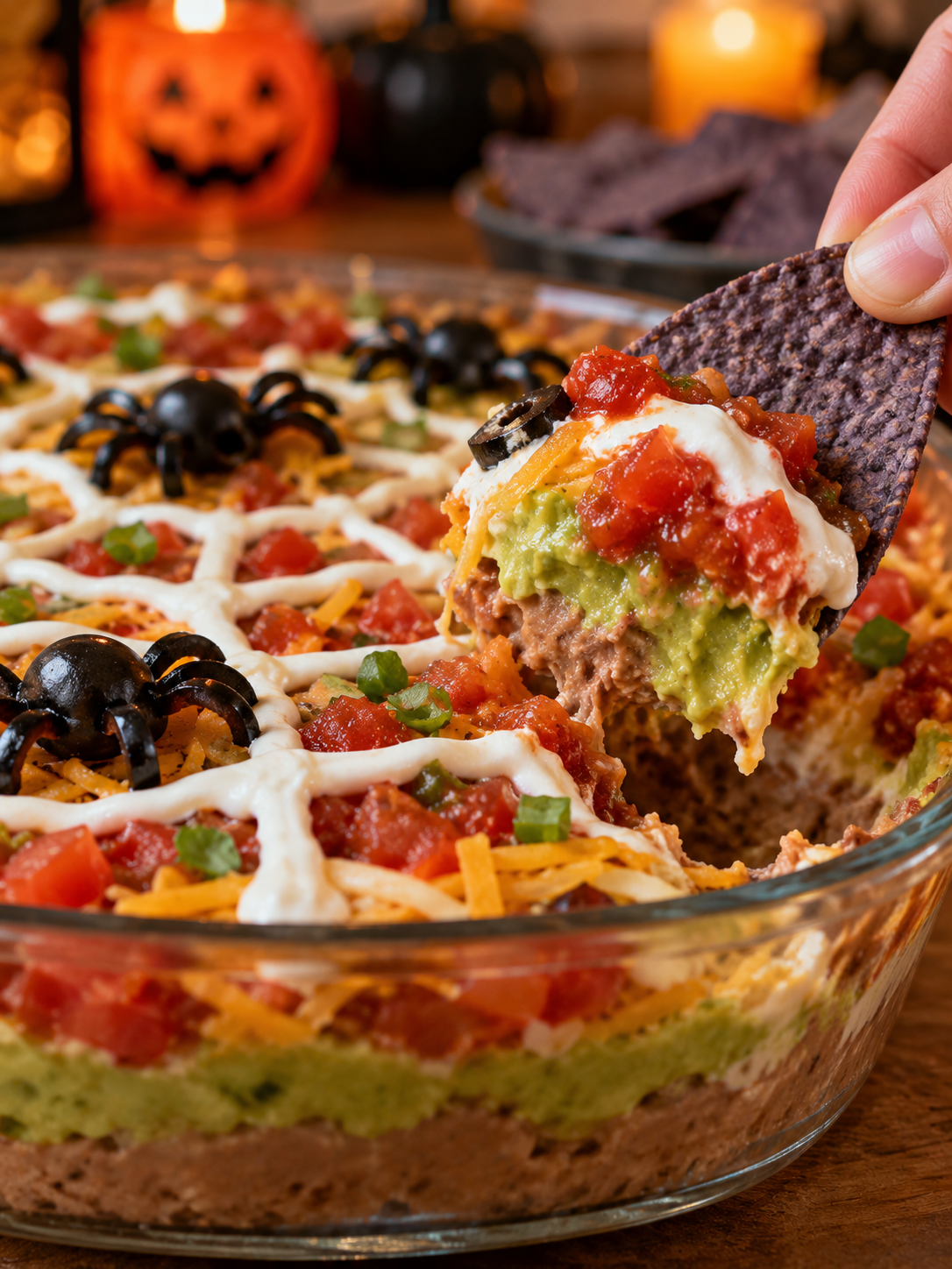 A close-up of a blue corn chip scooping through the layers of the spider web dip, showing beans, guacamole, and salsa.