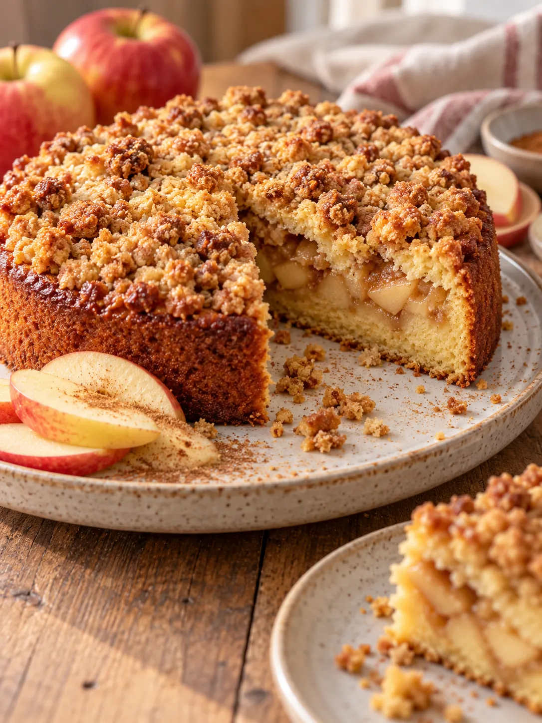 A warm apple crumble cake served on a ceramic plate with a few slices of apple and a sprinkle of cinnamon around it, placed on a wooden table.