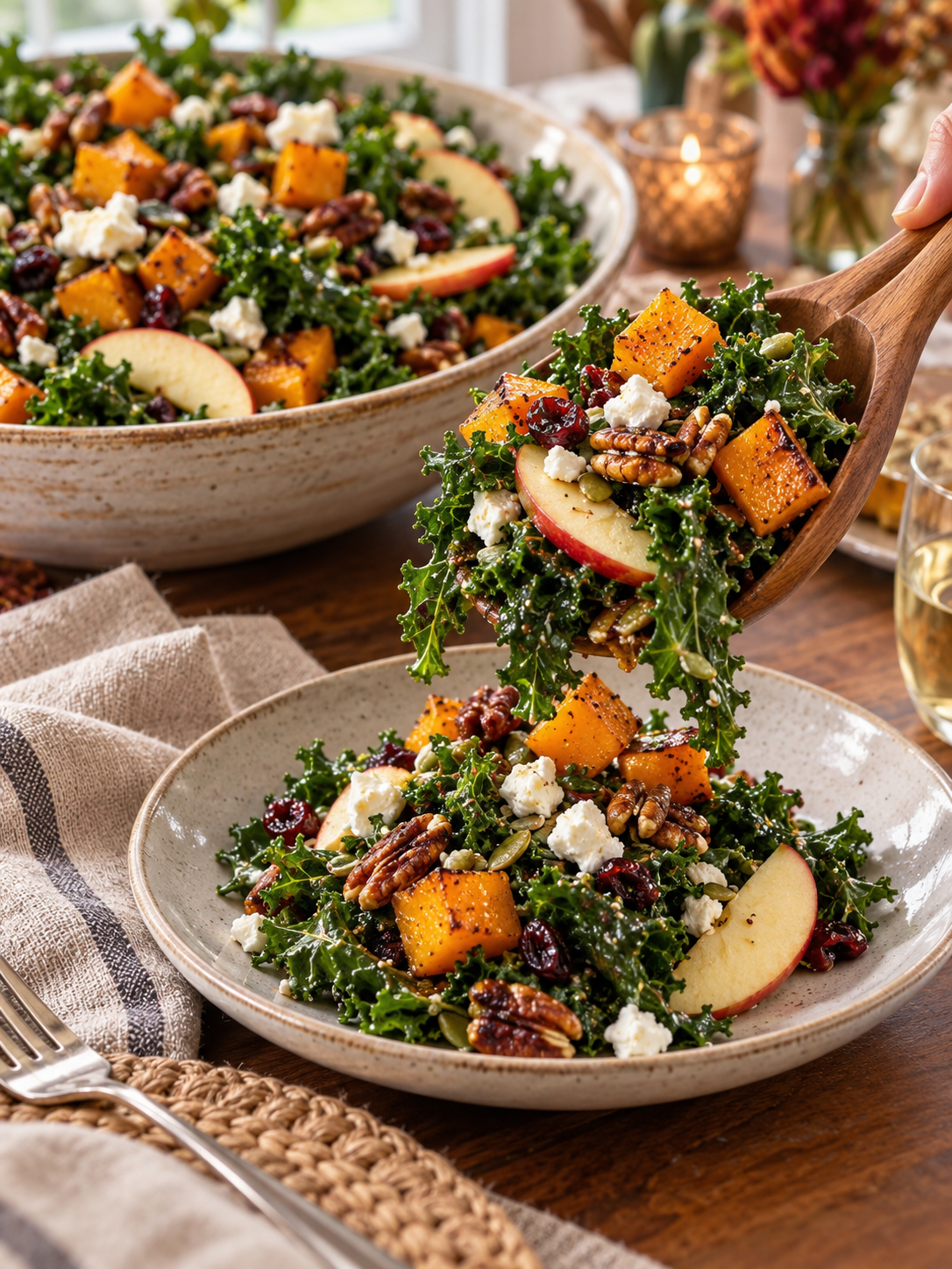 A close-up of salad tongs serving a portion of kale salad with roasted squash and apples onto a small plate.
