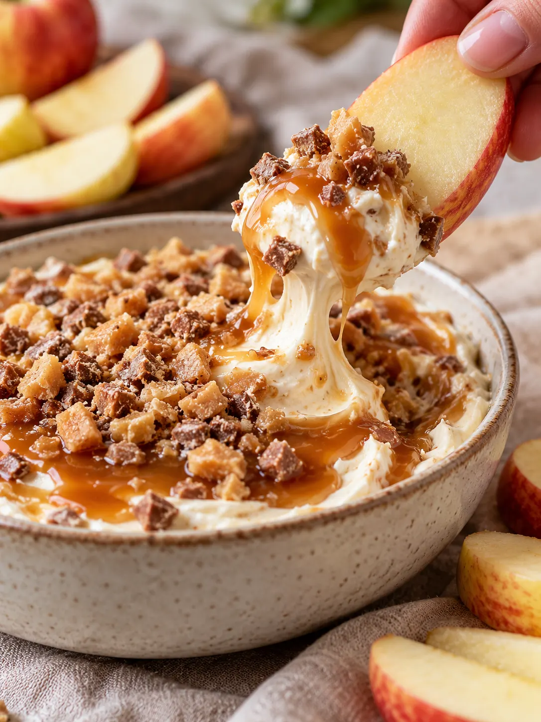 A close-up of a hand dipping a fresh apple wedge into a creamy layered caramel and toffee dip.