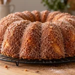 A whole apple cider Bundt cake coated in a thick cinnamon-sugar crust sitting on a wire cooling rack over a light wood surface.