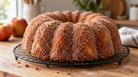 A whole apple cider Bundt cake coated in a thick cinnamon-sugar crust sitting on a wire cooling rack over a light wood surface.