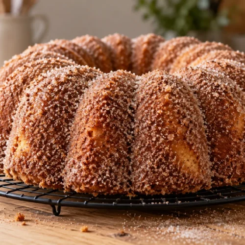 A whole apple cider Bundt cake coated in a thick cinnamon-sugar crust sitting on a wire cooling rack over a light wood surface.