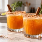 Two vibrant orange pumpkin mocktails with spiced sugar rims and rosemary garnishes on a stone countertop.