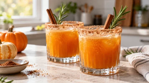 Two vibrant orange pumpkin mocktails with spiced sugar rims and rosemary garnishes on a stone countertop.