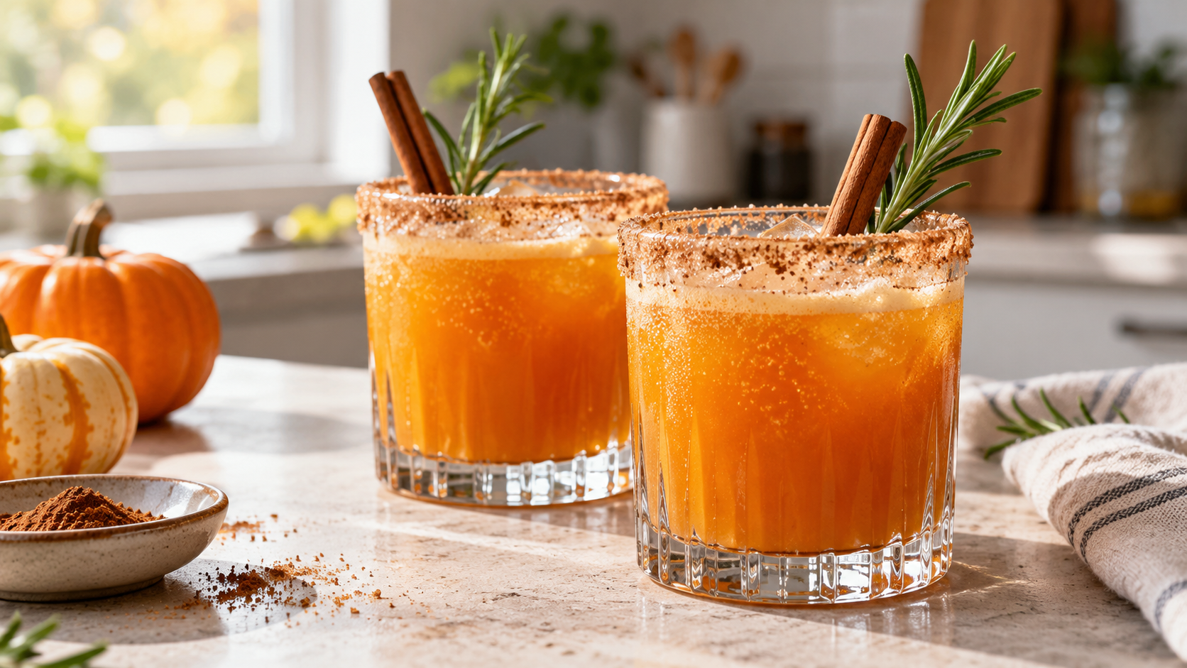 Two vibrant orange pumpkin mocktails with spiced sugar rims and rosemary garnishes on a stone countertop.