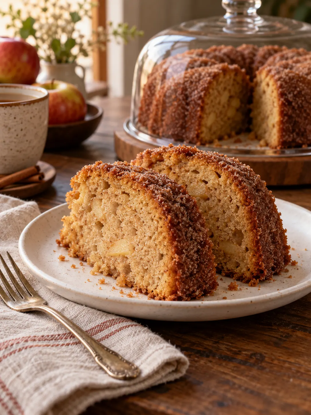 Two thick slices of apple cider cake on a white ceramic plate, showing the soft interior crumb and sugared edges.