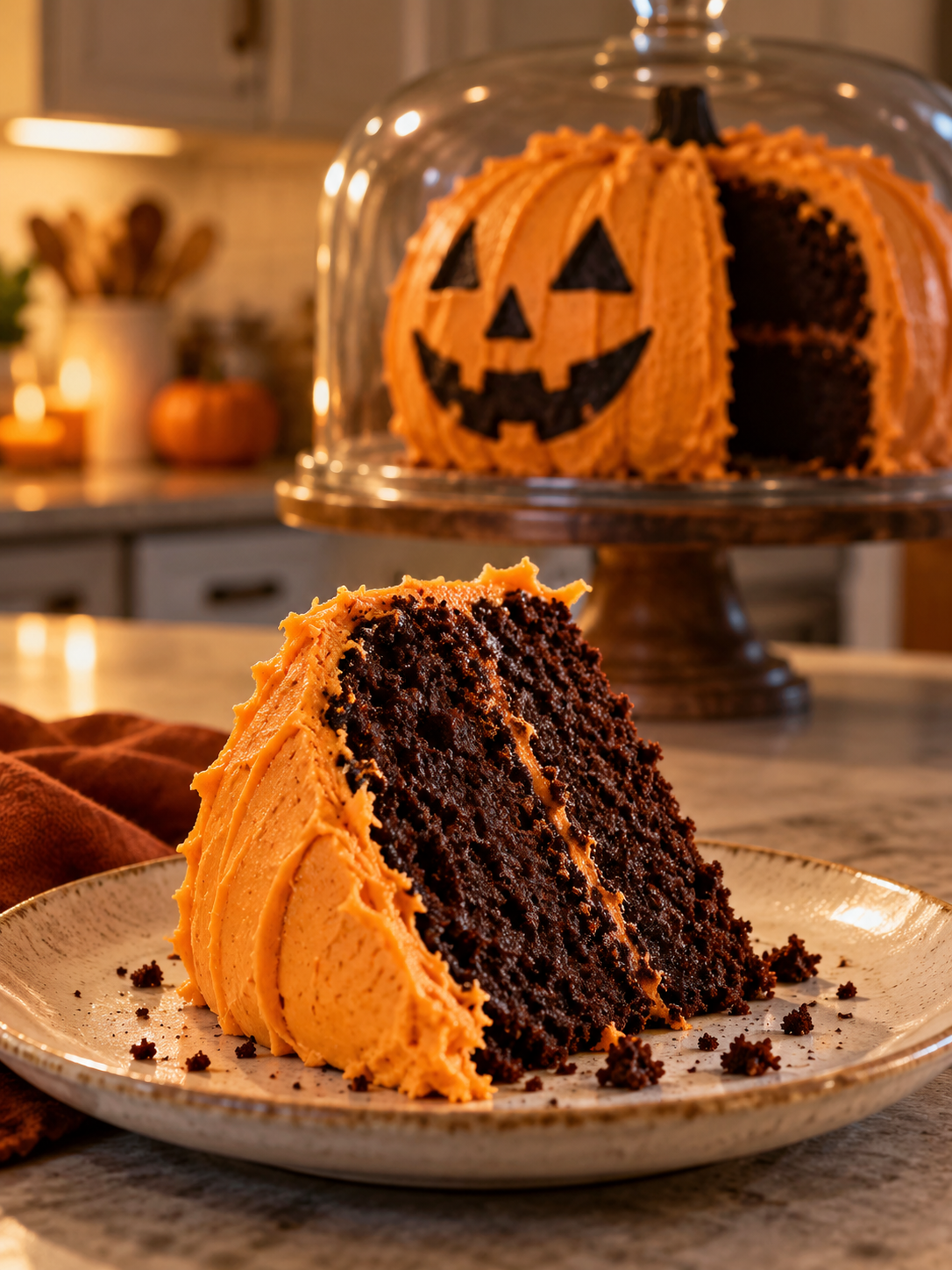 A close-up of a slice of dark chocolate cake with orange frosting on a plate, with the rest of the cake under a glass dome in the background.