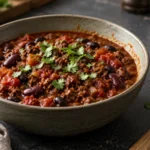 A steaming bowl of thick beef chili with kidney beans and black beans, garnished with fresh cilantro on a dark slate surface.