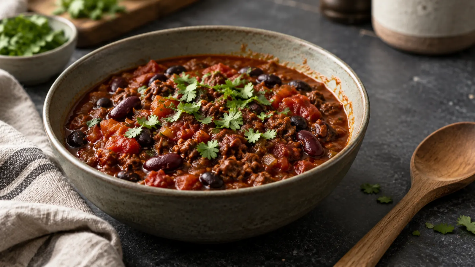 A steaming bowl of thick beef chili with kidney beans and black beans, garnished with fresh cilantro on a dark slate surface.