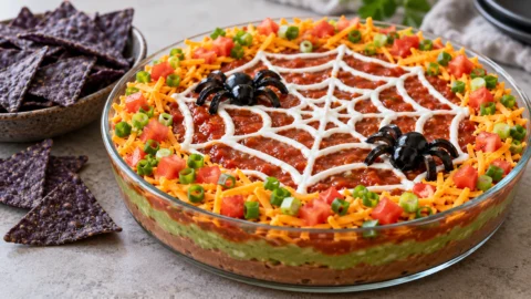 A layered taco dip in a glass dish topped with a sour cream spider web and olive spiders, surrounded by blue corn chips.