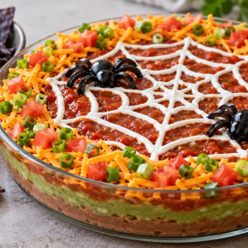 A layered taco dip in a glass dish topped with a sour cream spider web and olive spiders, surrounded by blue corn chips.