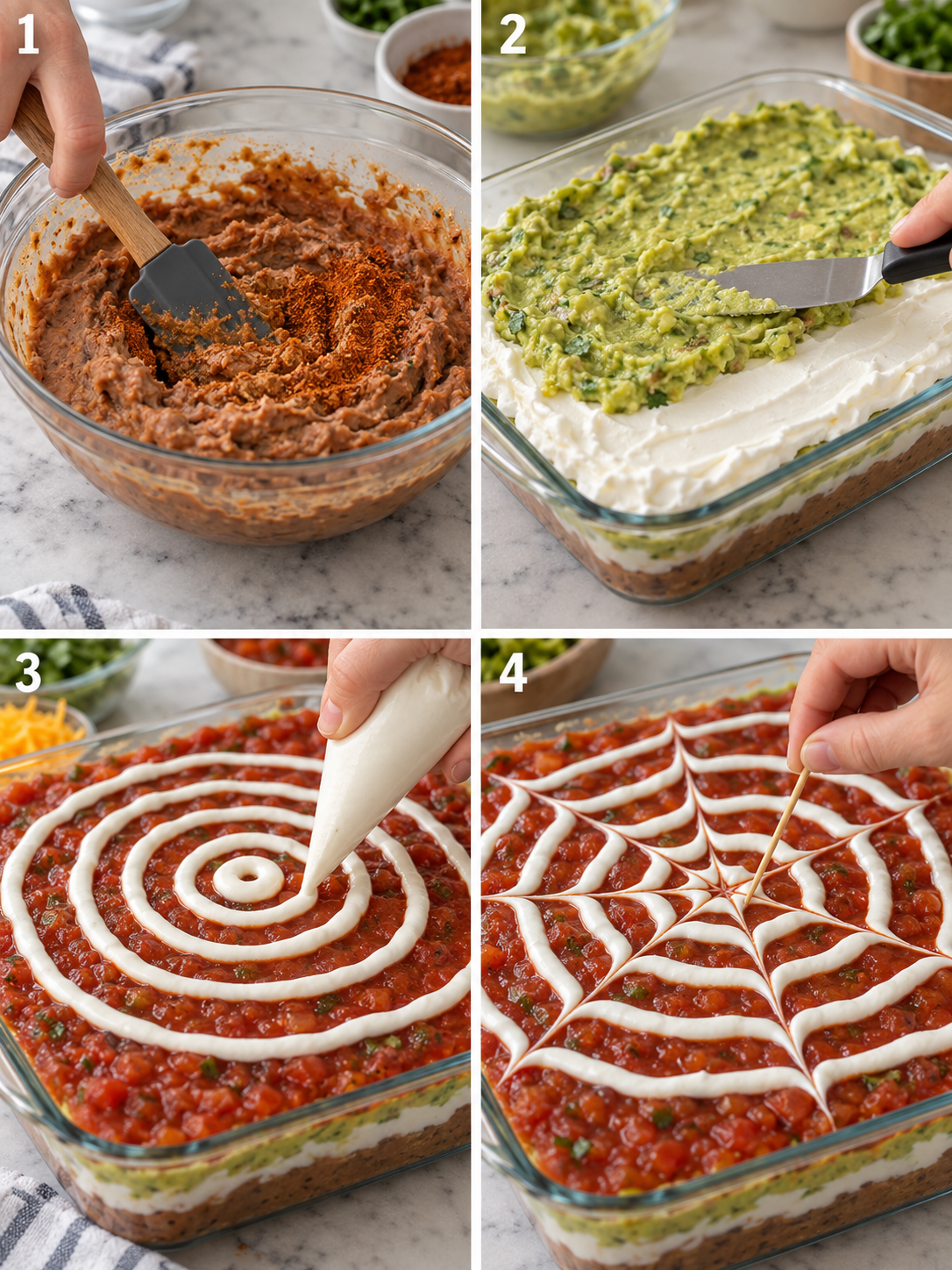 A four-panel collage showing the mixing of beans, layering ingredients, piping sour cream, and using a toothpick to create a web pattern.