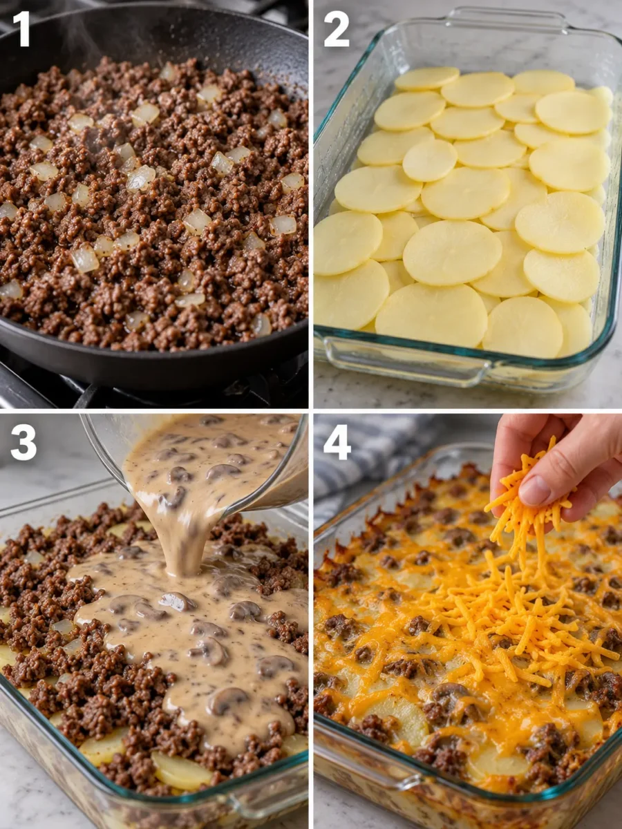 A four-panel collage showing beef browning, potato layering, pouring the cream sauce, and adding the cheese topping.