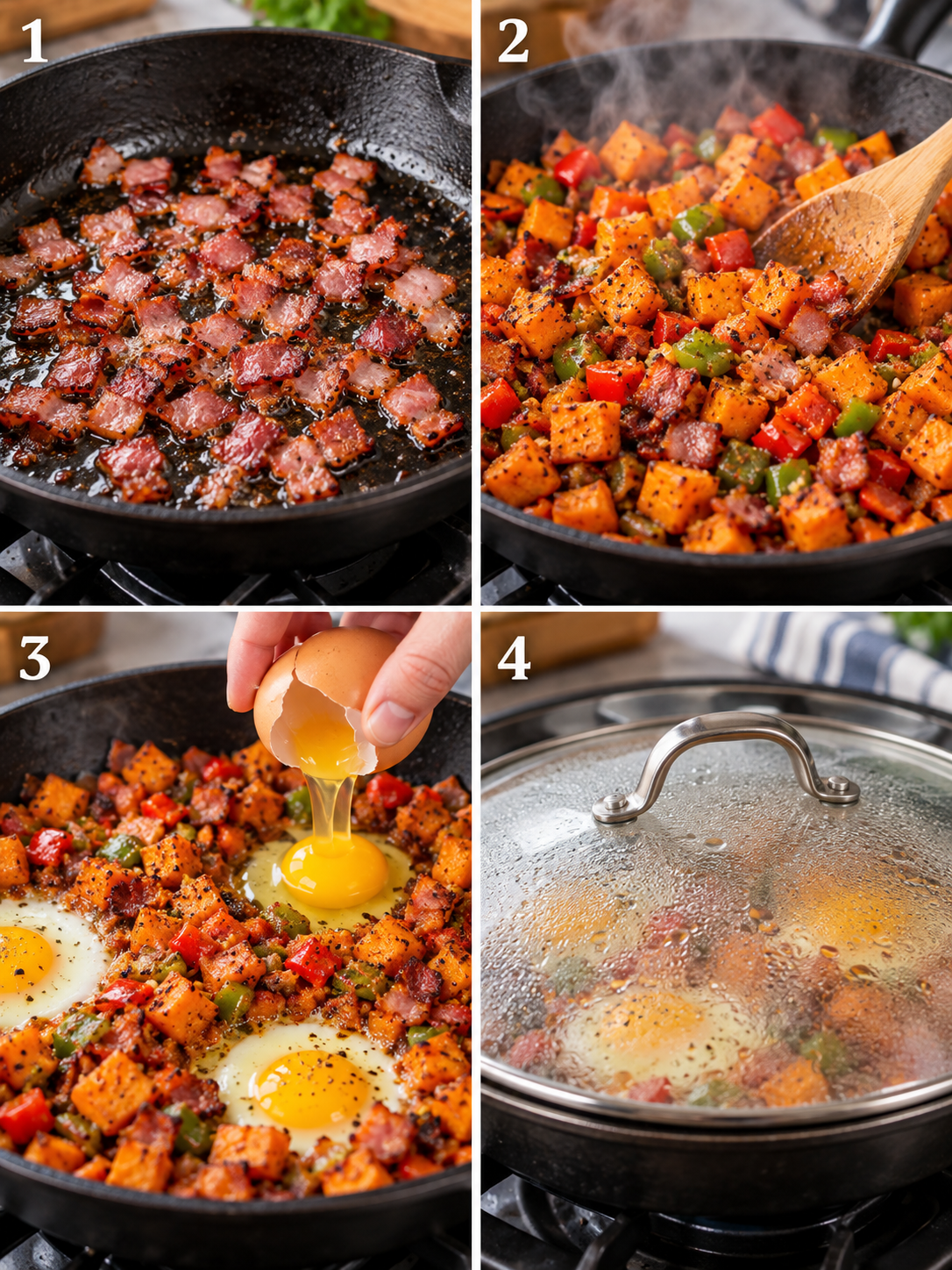 A four-panel collage showing turkey bacon frying, vegetables sautéing, eggs being added to wells, and the skillet covered with a lid.