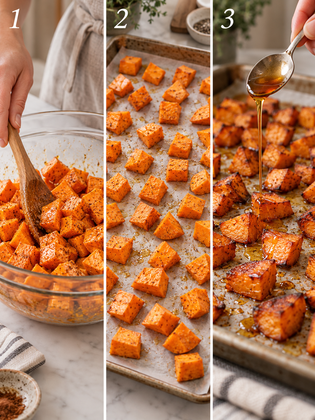 Three-panel collage showing seasoning sweet potatoes in a bowl, spreading them on a baking sheet, and drizzling with maple syrup.