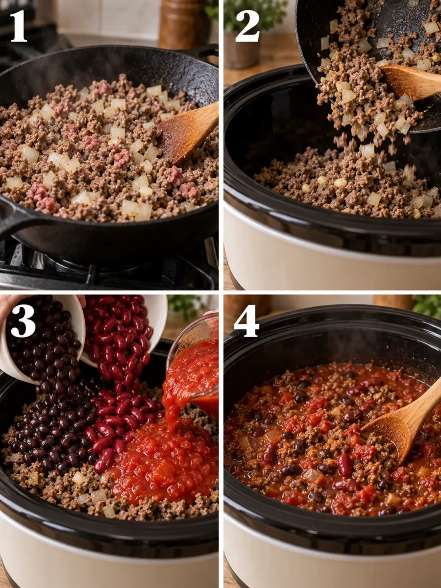 Crockpot Chili A four-part collage showing the process of browning beef, adding ingredients to the slow cooker, and stirring the chili.