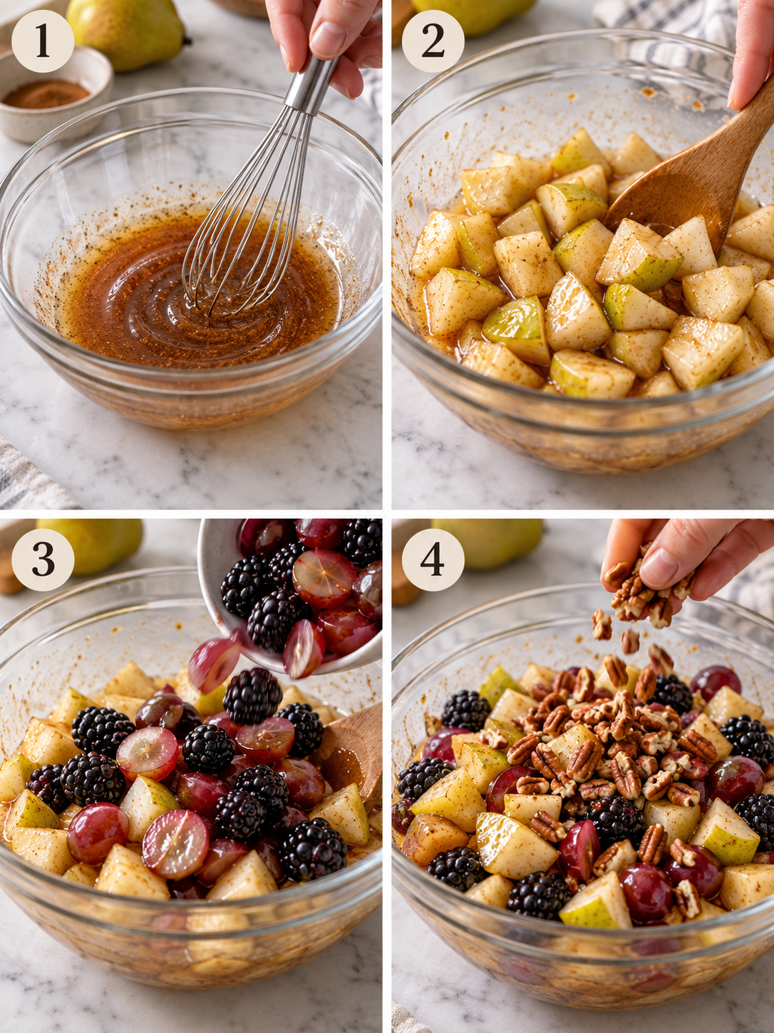 A four-panel vertical collage showing the sequence of whisking dressing, adding pears, mixing in berries, and topping with pecans.